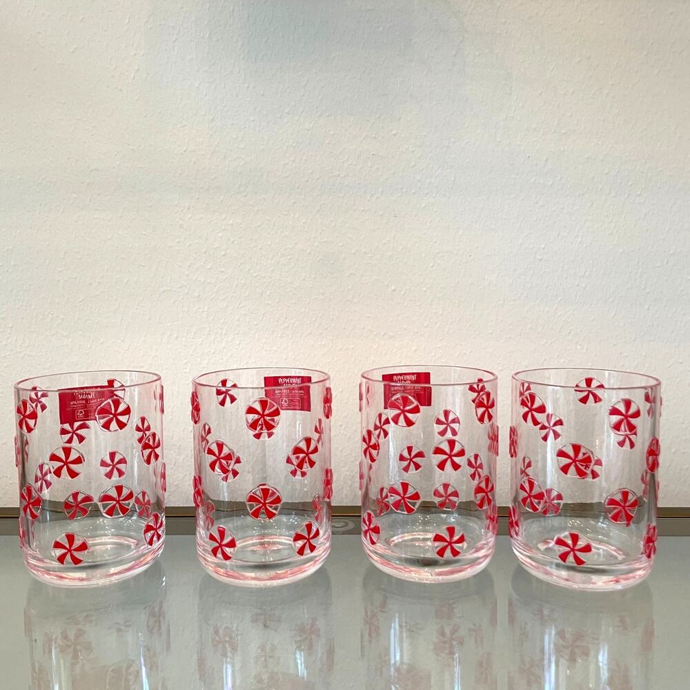 Peppermint Square Christmas Peppermint Candy Acrylic Drinkware Set of 4 New